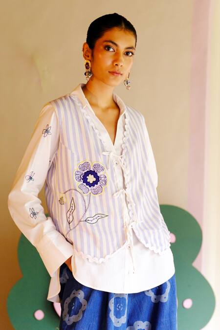 Jodi White , Satin, Handloom Floral Waistcoat And Shirt Set Online at Aza Fashions Jodi_White , Satin, Handloom Floral Waistcoat And Shirt Set _Online_at_Aza_Fashions