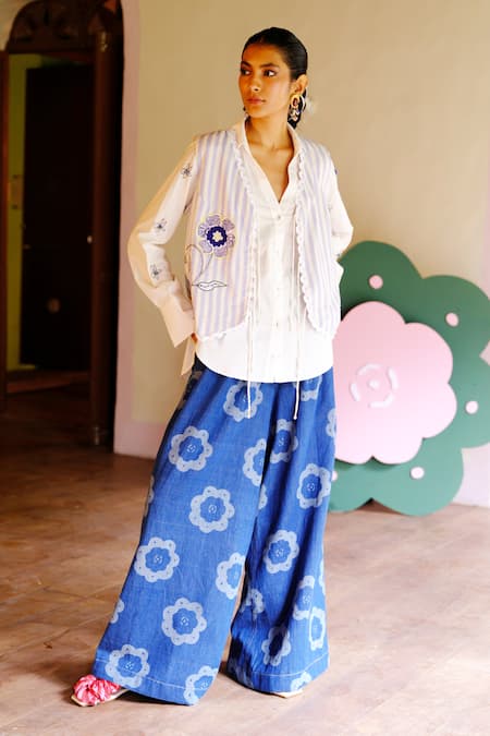 Shop_Jodi_Blue Cotton Embroidery V-neck Floral Striped Waistcoat _at_Aza_Fashions