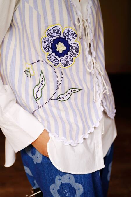 Buy_Jodi_Blue Cotton Embroidery V-neck Floral Striped Waistcoat _Online_at_Aza_Fashions