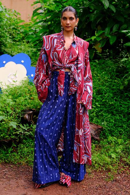 Jodi_Blue Modal Embroidery Ikat Handwoven Wide Leg Trouser_Online_at_Aza_Fashions