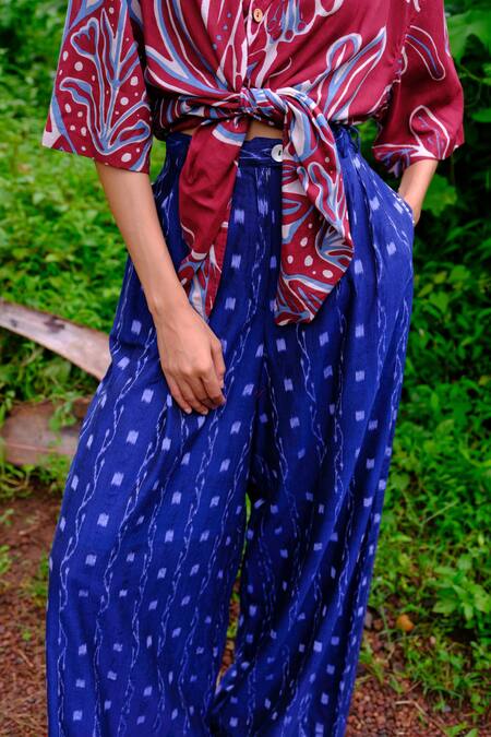 Buy_Jodi_Blue Modal Embroidery Ikat Handwoven Wide Leg Trouser_Online_at_Aza_Fashions