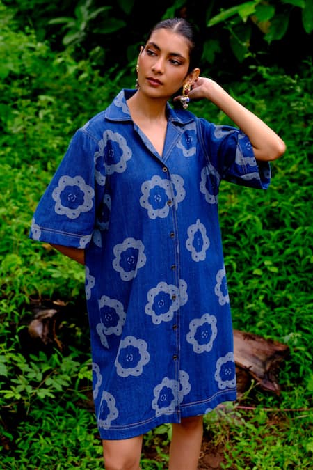 Jodi_Blue Cotton Embroidery Collared Floral Printed Denim Shift Dress _Online_at_Aza_Fashions