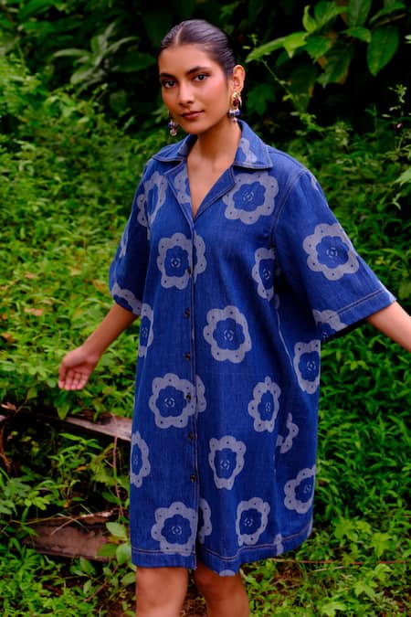 Buy_Jodi_Blue Cotton Embroidery Collared Floral Printed Denim Shift Dress _Online_at_Aza_Fashions