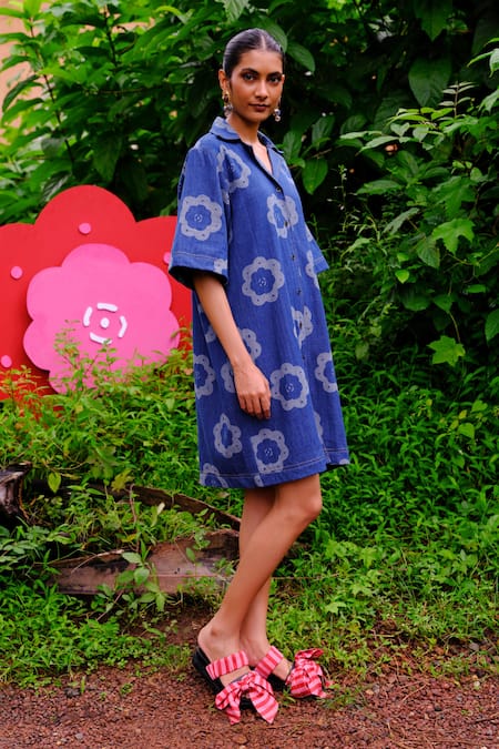 Shop_Jodi_Blue Cotton Embroidery Collared Floral Printed Denim Shift Dress _Online_at_Aza_Fashions