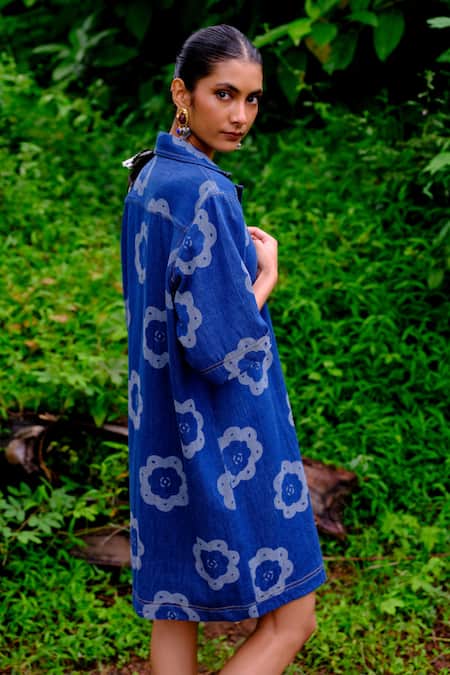 Shop_Jodi_Blue Cotton Embroidery Collared Floral Printed Denim Shift Dress _at_Aza_Fashions