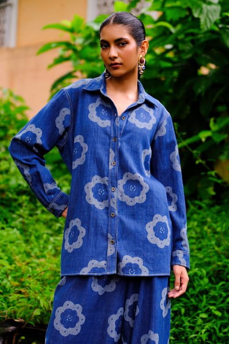 Jodi_Blue Cotton Collared Floral Print Handwoven Denim Shirt _Online_at_Aza_Fashions