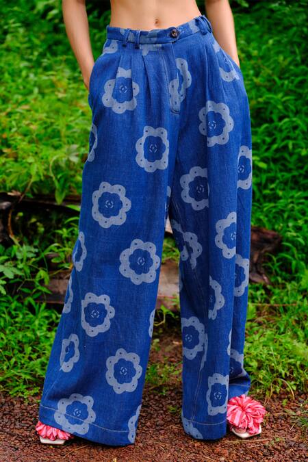 Jodi_Blue Cotton, Denim Embroidery Floral Printed Trouser _Online_at_Aza_Fashions