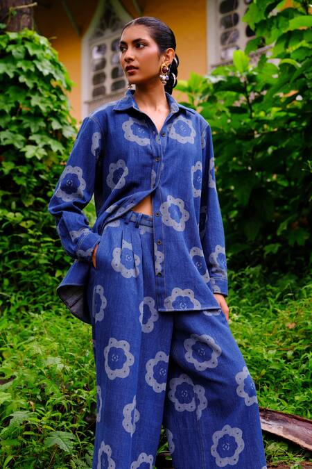 Jodi Blue Cotton Collared Floral Print Denim Shirt And Trouser Set Online at Aza Fashions Jodi_Blue Cotton Collared Floral Print Denim Shirt And Trouser Set _Online_at_Aza_Fashions