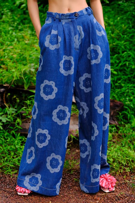 Shop Jodi Blue Cotton Collared Floral Print Denim Shirt And Trouser Set Online at Aza Fashions Shop_Jodi_Blue Cotton Collared Floral Print Denim Shirt And Trouser Set _Online_at_Aza_Fashions