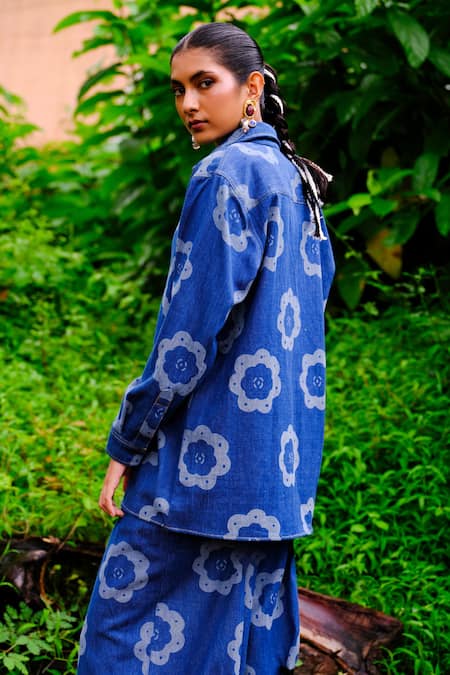 Shop Jodi Blue Cotton Collared Floral Print Denim Shirt And Trouser Set at Aza Fashions Shop_Jodi_Blue Cotton Collared Floral Print Denim Shirt And Trouser Set _at_Aza_Fashions