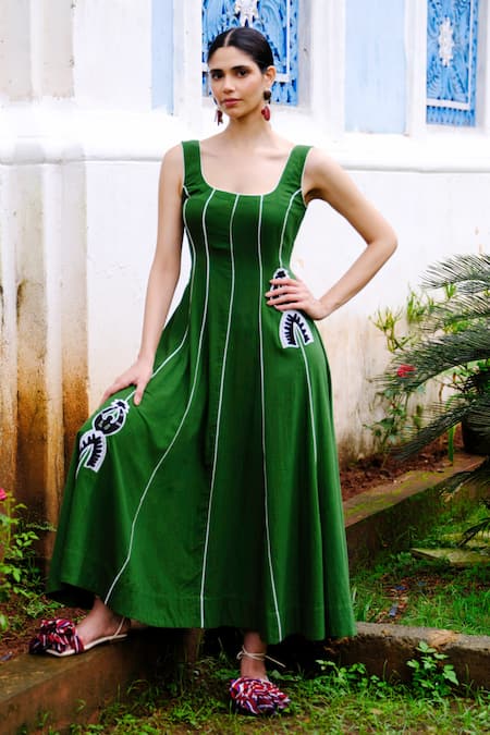 Buy Jodi Green Cotton Embroidery Scoop Neck Abstract Applique Dress Online at Aza Fashions Buy_Jodi_Green Cotton Embroidery Scoop Neck Abstract Applique Dress _Online_at_Aza_Fashions