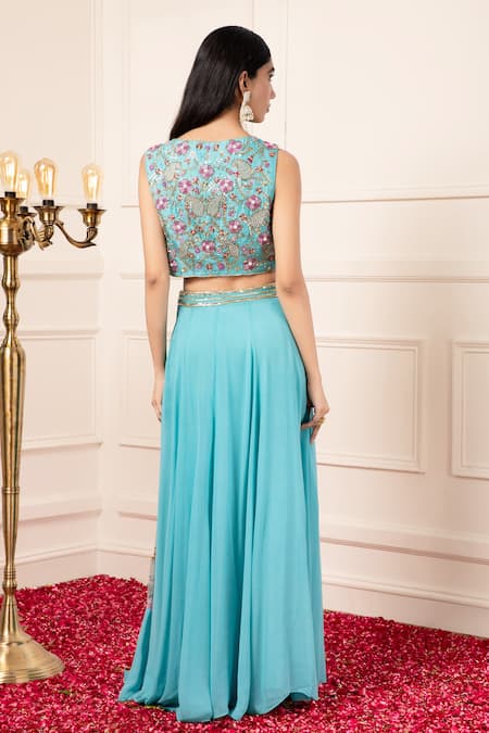 Kanj By Priyanka A Sakhuja Embellished Blue Lehenga Set With Waistcoat 