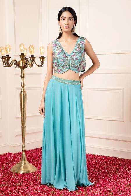 Buy_Kanj By Priyanka A Sakhuja_Blue Silk, Georgette Pearls, Sequins, Embellished Lehenga Set With Waistcoat _Online_at_Aza_Fashions
