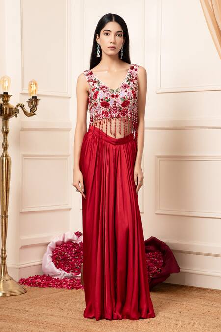 Buy_Kanj By Priyanka A Sakhuja_Red Bamboo, Silk Satin Sequins, Beads Solid Lehenga Set With Embellished Blouse _Online_at_Aza_Fashions