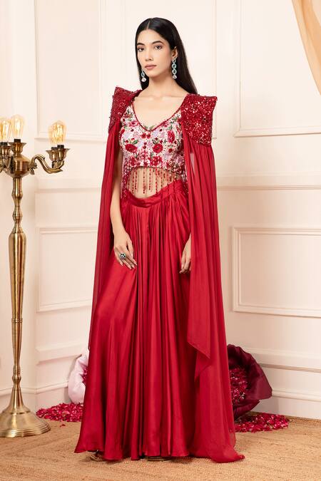 Shop_Kanj By Priyanka A Sakhuja_Red Bamboo, Silk Satin Sequins, Beads Solid Lehenga Set With Embellished Blouse _Online_at_Aza_Fashions
