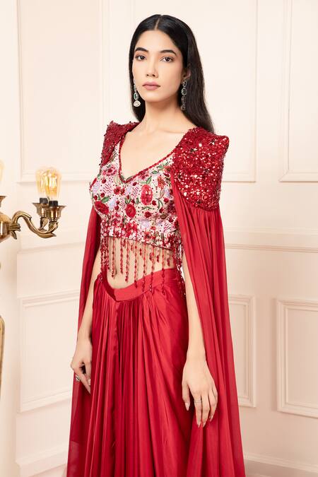 Kanj By Priyanka A Sakhuja_Red Bamboo, Silk Satin Sequins, Beads Solid Lehenga Set With Embellished Blouse _at_Aza_Fashions