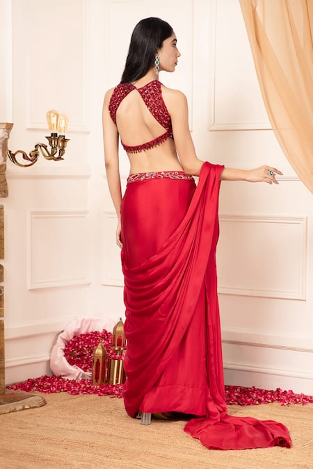 Kanj By Priyanka A Sakhuja Embroidered Red Pre-Draped Saree & Blouse 