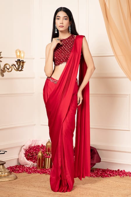 Buy_Kanj By Priyanka A Sakhuja_Red Bamboo Sequins, Beads Round Neck Embroidered Pre-draped Saree And Blouse _Online_at_Aza_Fashions