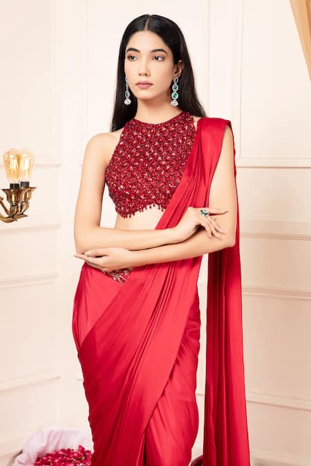 Shop_Kanj By Priyanka A Sakhuja_Red Bamboo Sequins, Beads Round Neck Embroidered Pre-draped Saree And Blouse _Online_at_Aza_Fashions