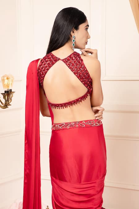 Kanj By Priyanka A Sakhuja_Red Bamboo Sequins, Beads Round Neck Embroidered Pre-draped Saree And Blouse _at_Aza_Fashions