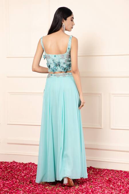 Buy_Kanj By Priyanka A Sakhuja_Green Silk, Georgette Sequins, Beads Sea Embroidered Lehenga Set With Blouse _Online_at_Aza_Fashions