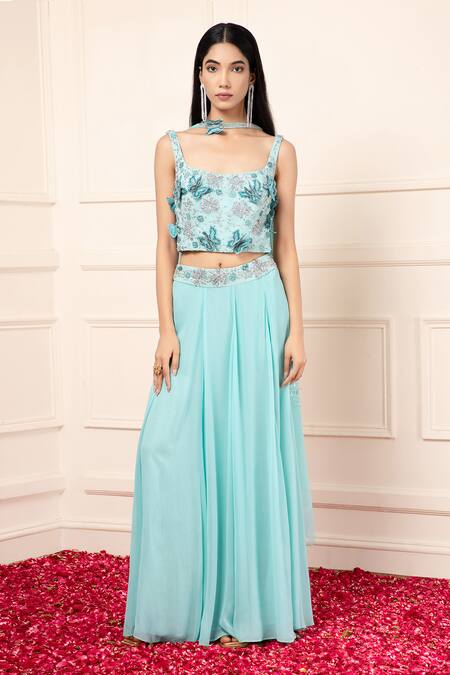 Shop_Kanj By Priyanka A Sakhuja_Green Silk, Georgette Sequins, Beads Sea Embroidered Lehenga Set With Blouse _Online_at_Aza_Fashions