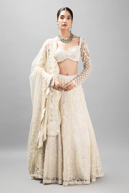 Buy_Kanj By Priyanka A Sakhuja_Off White Tulle Pearls, Sequins, Cut Work Embroidered Bridal Lehenga Set _Online_at_Aza_Fashions