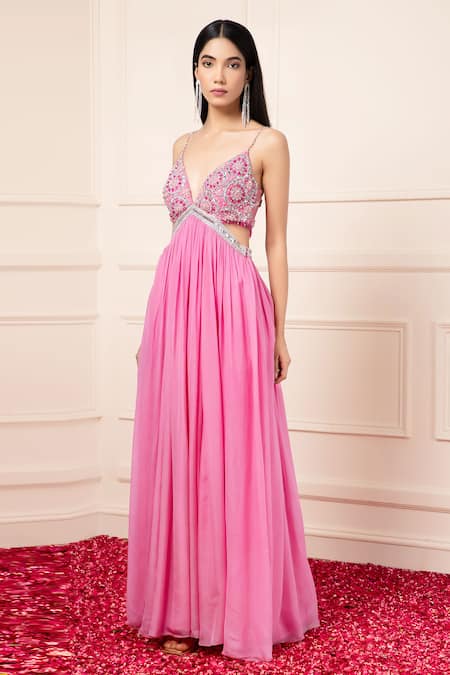 Buy_Kanj By Priyanka A Sakhuja_Pink Silk, Chiffon Beads V-neck Sequin Embroidered Cut-out Gown _Online_at_Aza_Fashions