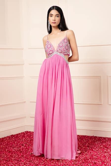 Shop_Kanj By Priyanka A Sakhuja_Pink Silk, Chiffon Beads V-neck Sequin Embroidered Cut-out Gown _Online_at_Aza_Fashions
