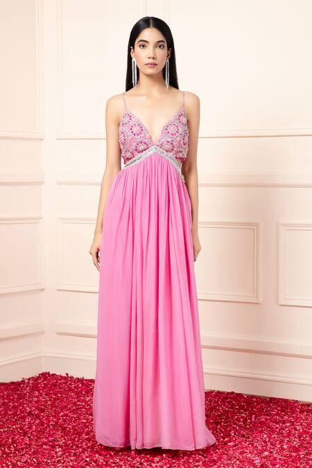 Kanj By Priyanka A Sakhuja_Pink Silk, Chiffon Beads V-neck Sequin Embroidered Cut-out Gown _at_Aza_Fashions
