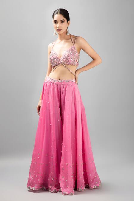 Shop_Kanj By Priyanka A Sakhuja_Pink Silk Satin, Organza Beads, Mukaish Embroidered Blouse And Sharara Set _Online_at_Aza_Fashions