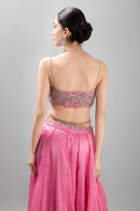 Kanj By Priyanka A Sakhuja_Pink Silk Satin, Organza Beads, Mukaish Embroidered Blouse And Sharara Set _at_Aza_Fashions