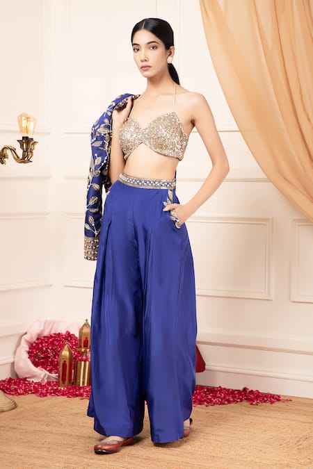 Buy_Kanj By Priyanka A Sakhuja_Blue Silk Pearls, Sequins, Embroidery Halter Floral Nakshi Blazer Palazzo Set _Online_at_Aza_Fashions