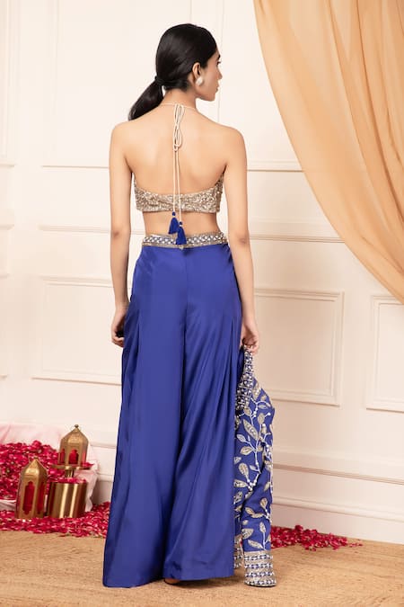 Kanj By Priyanka A Sakhuja_Blue Silk Pearls, Sequins, Embroidery Halter Floral Nakshi Blazer Palazzo Set _at_Aza_Fashions