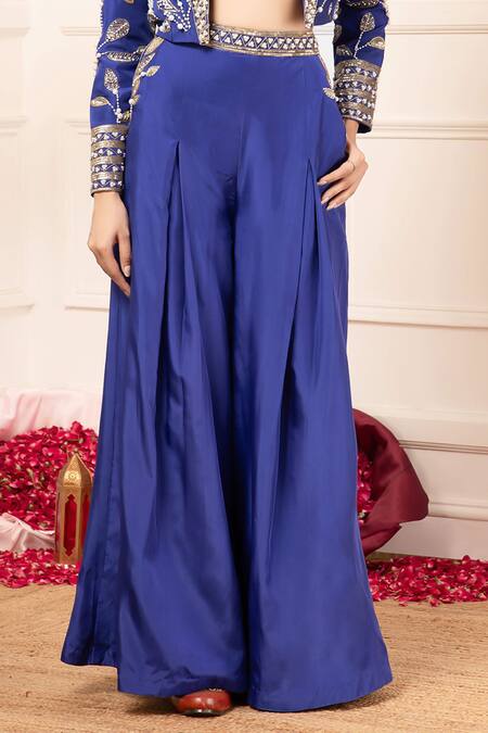 Buy_Kanj By Priyanka A Sakhuja_Blue Silk Pearls, Sequins, Embroidery Halter Floral Nakshi Blazer Palazzo Set 