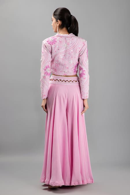 Kanj By Priyanka A Sakhuja Embroidered Pink Crop Jacket & Sharara Set 