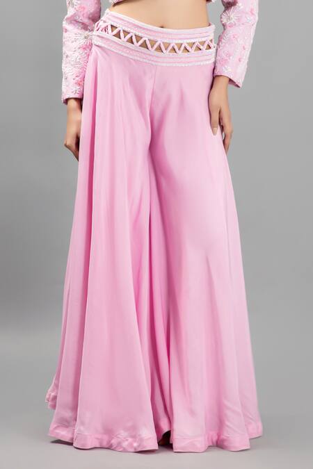 Buy_Kanj By Priyanka A Sakhuja_Pink Sequins, Pearls V-neck Embroidered Crop Jacket And Sharara Set _Online_at_Aza_Fashions