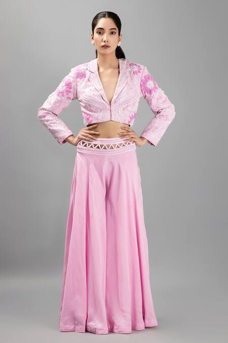 Shop_Kanj By Priyanka A Sakhuja_Pink Sequins, Pearls V-neck Embroidered Crop Jacket And Sharara Set _Online_at_Aza_Fashions
