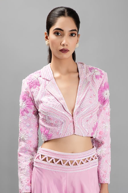 Kanj By Priyanka A Sakhuja_Pink Sequins, Pearls V-neck Embroidered Crop Jacket And Sharara Set _at_Aza_Fashions