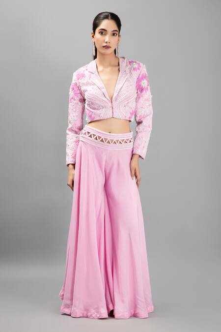 Buy_Kanj By Priyanka A Sakhuja_Pink Sequins, Pearls V-neck Embroidered Crop Jacket And Sharara Set 