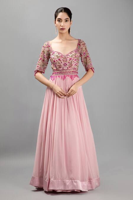 Buy Kanj By Priyanka A Sakhuja Pink Silk, Georgette Pearls, Sequins, Beads 3d Floral Embroidered Anarkali Set Online at Aza Fashions Buy_Kanj By Priyanka A Sakhuja_Pink Silk, Georgette Pearls, Sequins, Beads 3d Floral Embroidered Anarkali Set _Online_at_Aza_Fashions