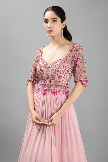 Shop Kanj By Priyanka A Sakhuja Pink Silk, Georgette Pearls, Sequins, Beads 3d Floral Embroidered Anarkali Set Online at Aza Fashions Shop_Kanj By Priyanka A Sakhuja_Pink Silk, Georgette Pearls, Sequins, Beads 3d Floral Embroidered Anarkali Set _Online_at_Aza_Fashions