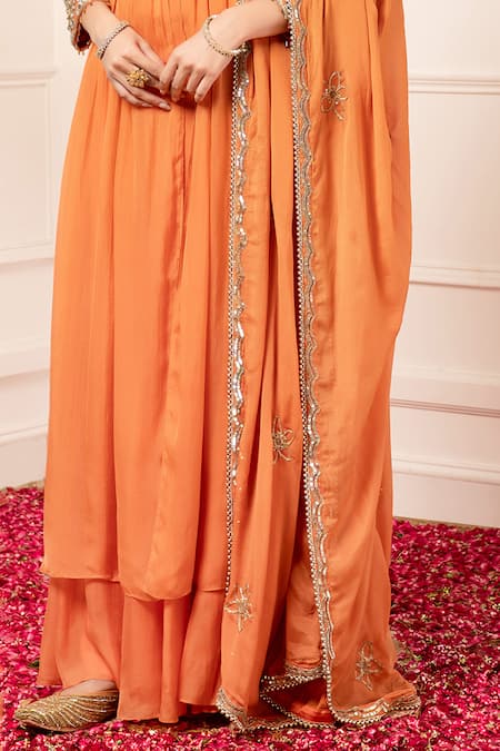 Kanj By Priyanka A Sakhuja Orange Chiffon, Silk Sequins, Beads, Embroidery Sweetheart Anarkali Sharara Set at Aza Fashions Kanj By Priyanka A Sakhuja_Orange Chiffon, Silk Sequins, Beads, Embroidery Sweetheart Anarkali Sharara Set _at_Aza_Fashions