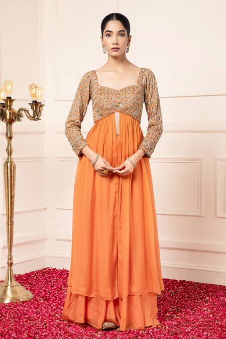 Buy Kanj By Priyanka A Sakhuja Orange Chiffon, Silk Sequins, Beads, Embroidery Sweetheart Anarkali Sharara Set Buy_Kanj By Priyanka A Sakhuja_Orange Chiffon, Silk Sequins, Beads, Embroidery Sweetheart Anarkali Sharara Set