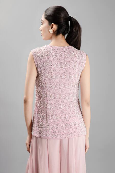 Buy_Kanj By Priyanka A Sakhuja_Pink Silk, Georgette Pearls, Beads Round Neck Embroidered Jacket And Sharara Set _Online_at_Aza_Fashions