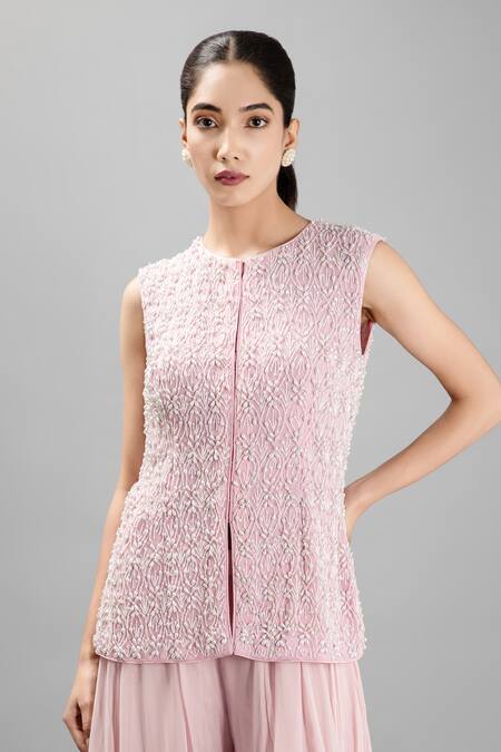 Shop_Kanj By Priyanka A Sakhuja_Pink Silk, Georgette Pearls, Beads Round Neck Embroidered Jacket And Sharara Set _Online_at_Aza_Fashions