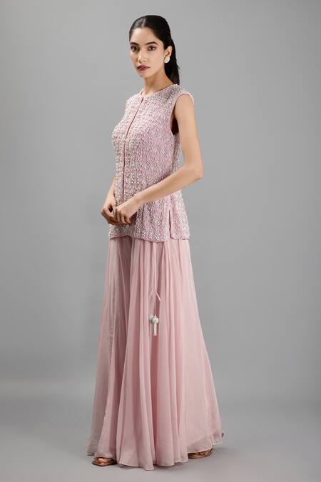 Kanj By Priyanka A Sakhuja_Pink Silk, Georgette Pearls, Beads Round Neck Embroidered Jacket And Sharara Set _at_Aza_Fashions