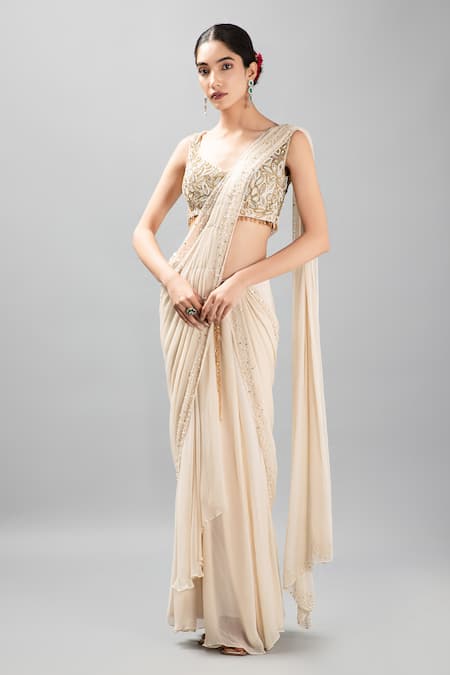 Kanj by Priyanka A Sakhuja Rohana Pearl Scatter Pre-Draped Saree With Blouse 