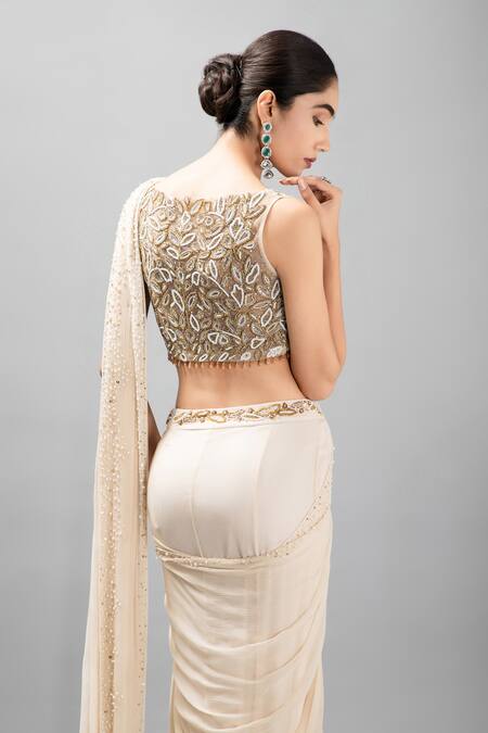 Shop_Kanj By Priyanka A Sakhuja_Ivory Chiffon, Silk Sequins, Beads, Cut Work Embroidered Pre-draped Saree Set _Online_at_Aza_Fashions
