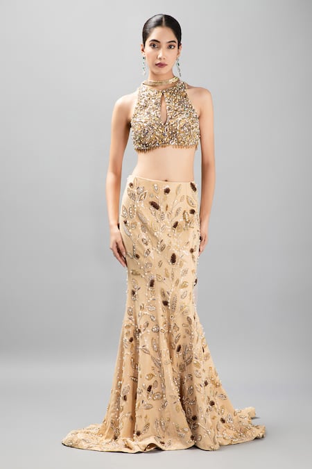 Buy_Kanj By Priyanka A Sakhuja_Beige Crepe Sequins, Beads, Cut Floral Vine Embroidered Fish-cut Lehenga Set _Online_at_Aza_Fashions